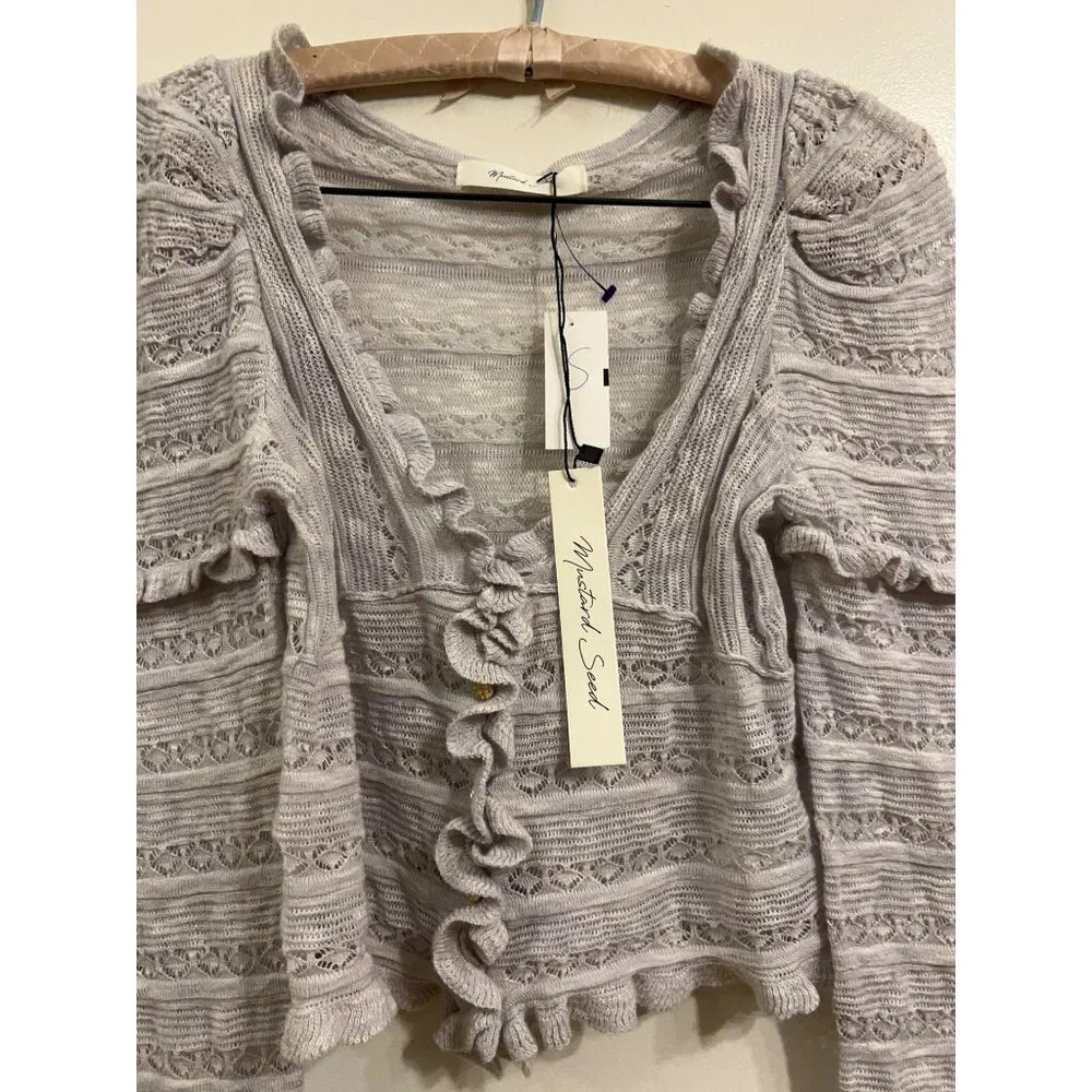 Mustard Seed NEW Ruffle Cardigan Sweater Size S Gray Knit Long Sleeve Cropped Bu - Picture 11 of 11